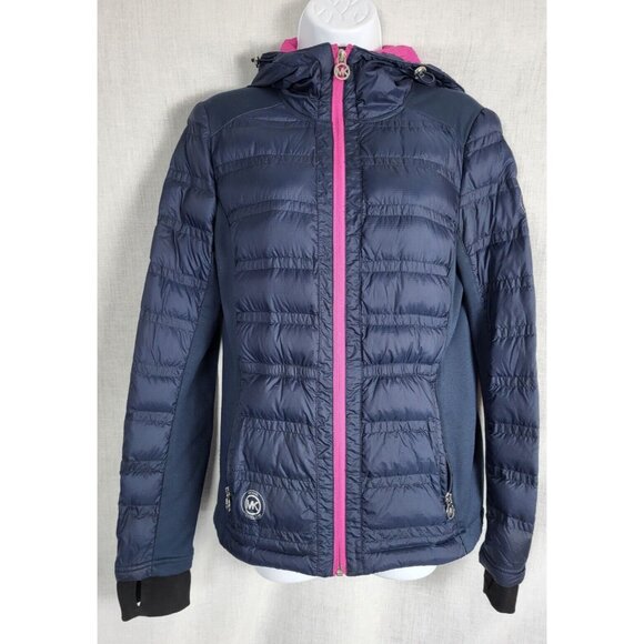 Michael Kors Down Fill Puffer Jacket Women's Sz S Navy pink accents Winter Fall - Picture 1 of 5